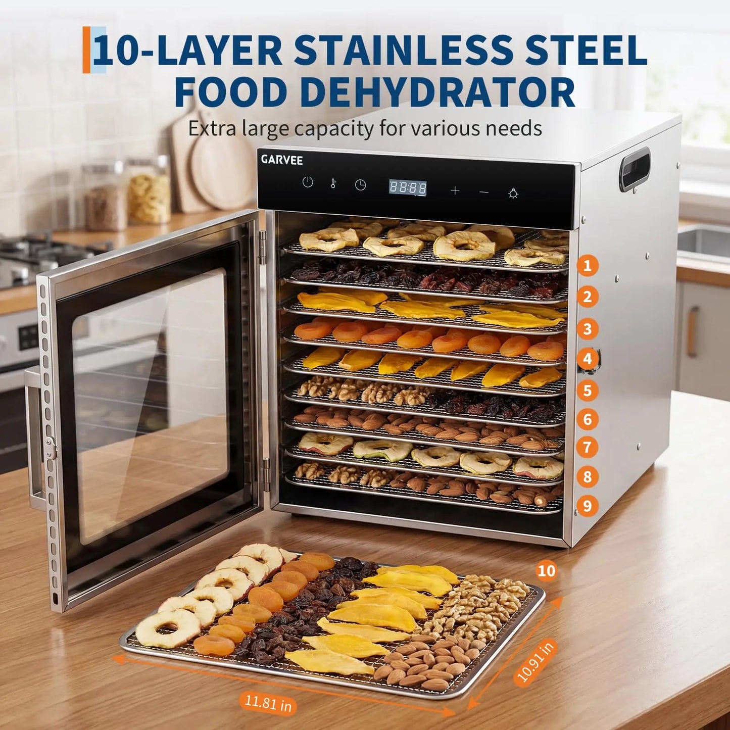 Stainless Steel Digital Food Dehydrator Machine with 10/12 Tray,Adjustable Temperature&24H Timer,Jerky Maker for Fruit Vegetable